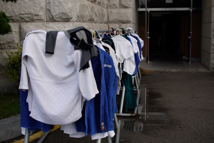 Judo gi hanging to dry outside the judo school at Kyung Min college